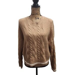 American Eagle Womens‎ Sweater Cable Knit Crewneck Tan Cream Striped M